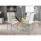 Furniture Box Novara Gold Metal Round Glass Dining Table And 4 x White Milan Dining Chairs