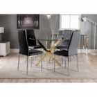Furniture Box Novara Gold Metal Round Glass Dining Table And 4 x Black Milan Dining Chairs