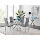 Furniture Box Novara Round Chrome Metal And Glass Dining Table And 4 x Grey Milan Dining Chairs Set