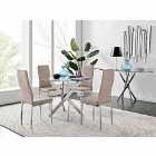 Furniture Box Novara Round Chrome Metal And Glass Dining Table And 4 x Cappuccino Grey Milan Dining Chairs Set