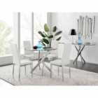 Furniture Box Novara Round Chrome Metal And Glass Dining Table And 4 x White Milan Dining Chairs Set