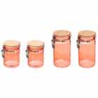 5Five Set Of 4 Modern Pink Glass Clip Jar With Bamboo Lid 2 x 750ml/2 x 1Ltr