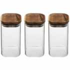5Five Set Of 3 Acacia Air Tight Lid 1.3Ltr Glass Jars