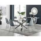 Furniture Box Vogue Large Round Chrome Metal Furniture Box Clear Glass Dining Table And 6 x Elephant Grey Corona Silver Dining Chairs Set