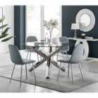 Furniture Box Vogue Large Round Chrome Metal Furniture Box Clear Glass Dining Table And 4 x Elephant Grey Corona Silver Dining Chairs Set