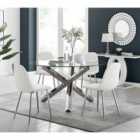 Furniture Box Vogue Large Round Chrome Metal Furniture Box Clear Glass Dining Table And 4 x White Corona Silver Dining Chairs Set