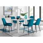 Furniture Box Pivero 6 Seater White Dining Table and 6 x Blue Pesaro Black Leg Chairs