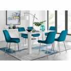 Furniture Box Pivero 6 Seater White Dining Table and 6 x Blue Pesaro Silver Leg Chairs