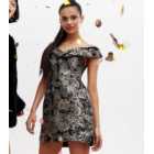 Black Floral Jacquard Metallic Bardot Mini Dress