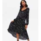Maternity Black Star Satin Frill Long Sleeve Midi Dress