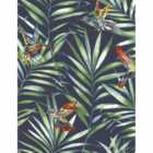 Fresco Hummingbird Navy Tropical Floral Wallpaper