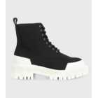 London Rebel Black Canvas Chunky Lace Up Ankle Boots