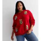 Curves Red Christmas Animal Print Sequin Bauble Jumper