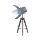 Grey Wood and Silver Metal Film Tripod Table Lamp
