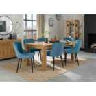 Cannes Light Oak 6-8 Seater Dining Table & 6 Cezanne Petrol Blue Velvet Fabric Chairs With Black Legs