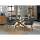 Cannes Clear Glass 4 Seater Dining Table With Light Oak Legs & 4 Cezanne Dark Grey Faux Leather Chairs With Matt Gold Plated Legs