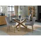 Cannes Clear Glass 4 Seater Dining Table With Light Oak Legs & 4 Cezanne Grey Velvet Fabric Chairs With Matt Gold Plated Legs