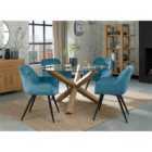 Cannes Clear Glass 4 Seater Dining Table With Light Oak Legs & 4 Dali Petrol Blue Velvet Fabric Chairs With Black Legs