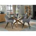 Cannes Clear Glass 4 Seater Dining Table With Light Oak Legs & 4 Dali Grey Velvet Fabric Chairs With Black Legs
