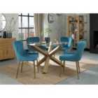 Cannes Clear Glass 4 Seater Dining Table & 4 Cezanne Petrol Blue Velvet Fabric Chairs With Matt Gold Plated Legs