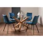 Cannes Clear Glass 4 Seater Dining Table & 4 Fontana Blue Velvet Fabric Chairs On Black Legs