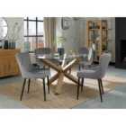 Cannes Clear Glass 4 Seater Dining Table With Light Oak Legs & 4 Cezanne Grey Velvet Fabric Chairs With Black Legs