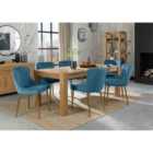 Cannes Light Oak 8-10 Seater Dining Table & 8 Cezanne Petrol Blue Velvet Fabric Chairs With Matt Gold Plated Legs