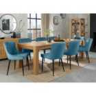 Cannes Light Oak 8-10 Seater Dining Table & 8 Cezanne Petrol Blue Velvet Fabric Chairs With Black Legs