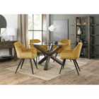 Cannes Clear Glass 4 Seater Dining Table With Dark Oak Legs & 4 Dali Mustard Velvet Fabric Chairs With Black Legs