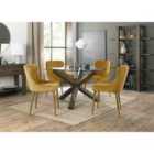 Cannes Clear Glass 4 Seater Dining Table With Dark Oak Legs & 4 Cezanne Mustard Velvet Fabric Chairs With Matt Gold Plated Legs