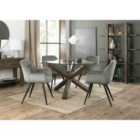 Cannes Clear Glass 4 Seater Dining Table With Dark Oak Legs & 4 Dali Grey Velvet Fabric Chairs With Black Legs