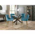 Cannes Clear Glass 4 Seater Dining Table With Dark Oak Legs & 4 Cezanne Petrol Blue Velvet Fabric Chairs With Matt Gold Plated Legs