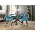 Cannes Clear Glass 4 Seater Dining Table With Dark Oak Legs & 4 Dali Petrol Blue Velvet Fabric Chairs With Black Legs