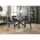 Cannes Clear Glass 4 Seater Dining Table With Dark Oak Legs & 4 Cezanne Grey Velvet Fabric Chairs With Matt Gold Plated Legs