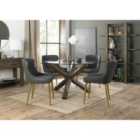 Cannes Clear Glass 4 Seater Dining Table With Dark Oak Legs & 4 Cezanne Dark Grey Faux Leather Chairs With Matt Gold Plated Legs