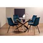 Cannes Clear Glass 4 Seater Dining Table With Dark Oak Legs & 4 Fontana Blue Velvet Fabric Chairs On Black Legs