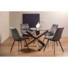 Cannes Clear Glass 4 Seater Dining Table With Dark Oak Legs & 4 Fontana Grey Velvet Fabric Chairs On Black Legs