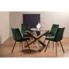 Cannes Clear Glass 4 Seater Dining Table With Dark Oak Legs & 4 Fontana Green Velvet Fabric Chairs On Black Legs