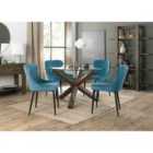 Cannes Clear Glass 4 Seater Dining Table With Dark Oak Legs & 4 Cezanne Petrol Blue Velvet Fabric Chairs With Black Legs