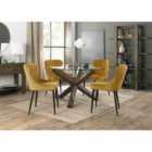 Cannes Clear Glass 4 Seater Dining Table With Dark Oak Legs & 4 Cezanne Mustard Velvet Fabric Chairs With Black Legs