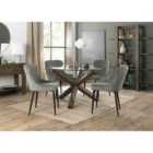 Cannes Clear Glass 4 Seater Dining Table With Dark Oak Legs & 4 Cezanne Grey Velvet Fabric Chairs With Black Legs