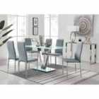 Furniture Box Florini White Glass And Metal V Dining Table And 6 x Grey Milan Dining Chairs Set