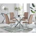 Furniture Box Selina Round Glass And Chrome Metal Dining Table And 4 x Cappuccino Grey Lorenzo Chairs Set