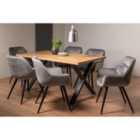 Rimi Rustic Oak Effect Melamine 6 Seater Dining Table With X Leg & 6 Dali Grey Velvet Fabric Chairs With Black Legs