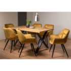 Rimi Rustic Oak Effect Melamine 6 Seater Dining Table With X Leg & 6 Dali Mustard Velvet Fabric Chairs With Black Legs