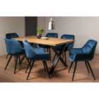 Rimi Rustic Oak Effect Melamine 6 Seater Dining Table With X Leg & 6 Dali Petrol Blue Velvet Fabric Chairs With Black Legs