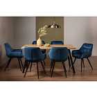 Rimi Rustic Oak Effect Melamine 6 Seater Dining Table With 4 Legs & 6 Dali Petrol Blue Velvet Fabric Chairs With Black Legs