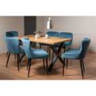 Rimi Rustic Oak Effect Melamine 6 Seater Dining Table With X Leg & 6 Cezanne Petrol Blue Velvet Fabric Chairs With Black Legs