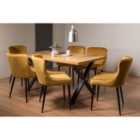 Rimi Rustic Oak Effect Melamine 6 Seater Dining Table With X Leg & 6 Cezanne Mustard Velvet Fabric Chairs With Black Legs