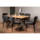 Rimi Rustic Oak Effect Melamine 6 Seater Dining Table With X Leg & 6 Cezanne Dark Grey Faux Leather Chairs With Black Legs
